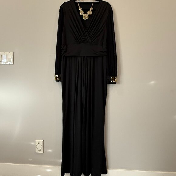 Elegant Jumpsuit Long Sheer Sleeve Deep V-Neck Wide Leg Gold Studs XL - Picture 3 of 8